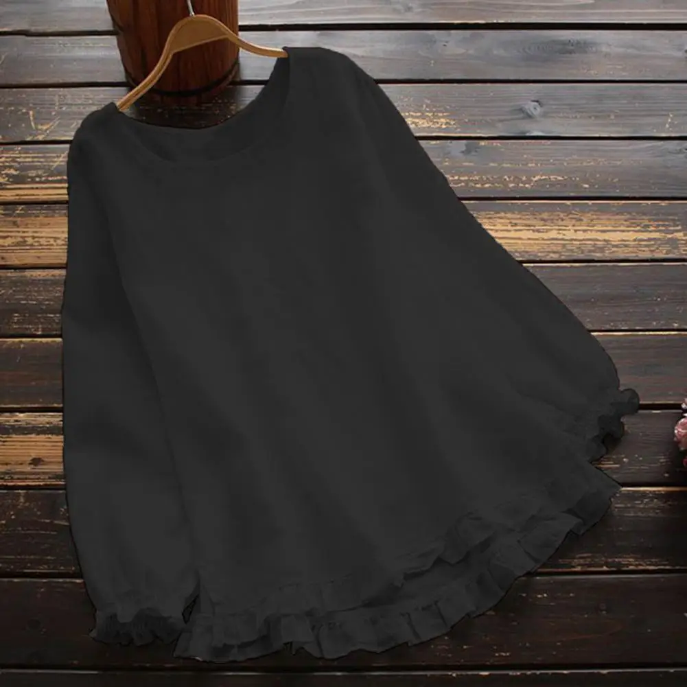 

Women Long Sleeve Blouse Autumn Streetwear Women's Loose Fit Ruffle Trim Blouse with Elastic Cuffs Solid Color Pullover for A