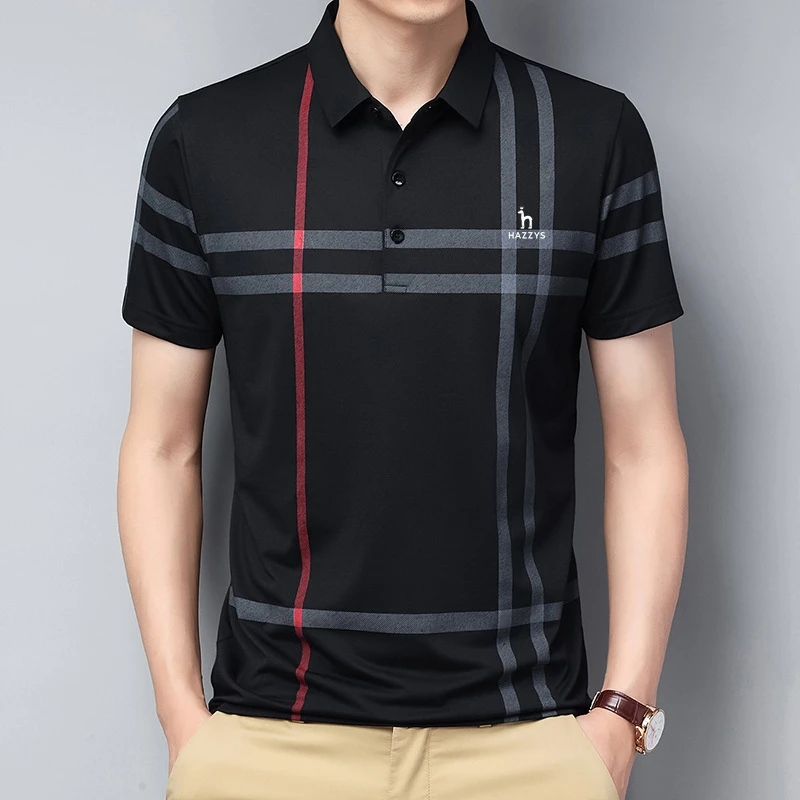 

Hazzys 2023 New Golf Wear Short Sleeve T-shirt Men's Ice Silk Lapel Men's Polo Shirt Striped Summer Golf T-shirt Tops