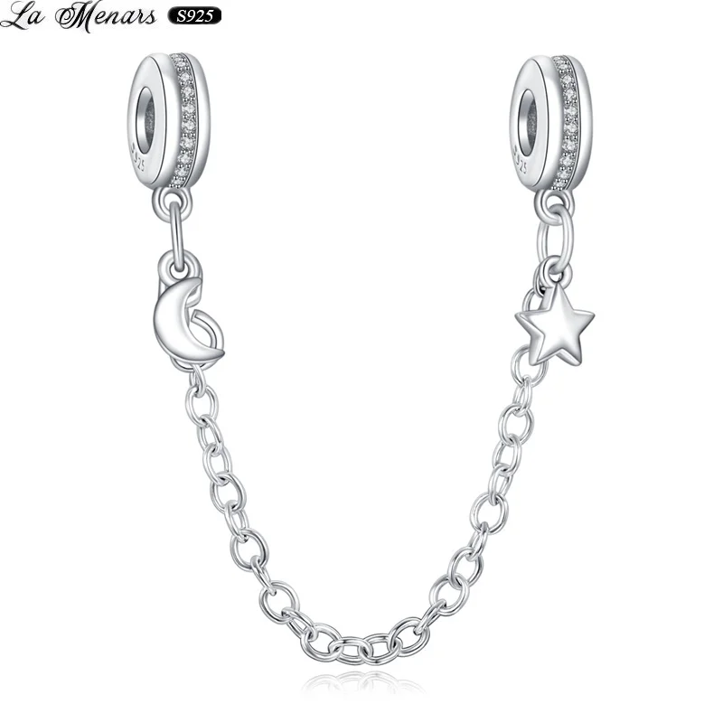 

La Menars Fashion 925 Sterling Silver Bracelet Round Safety Chain Sun Moon Stopper Charm Fit Bracelets DIY Jewelry