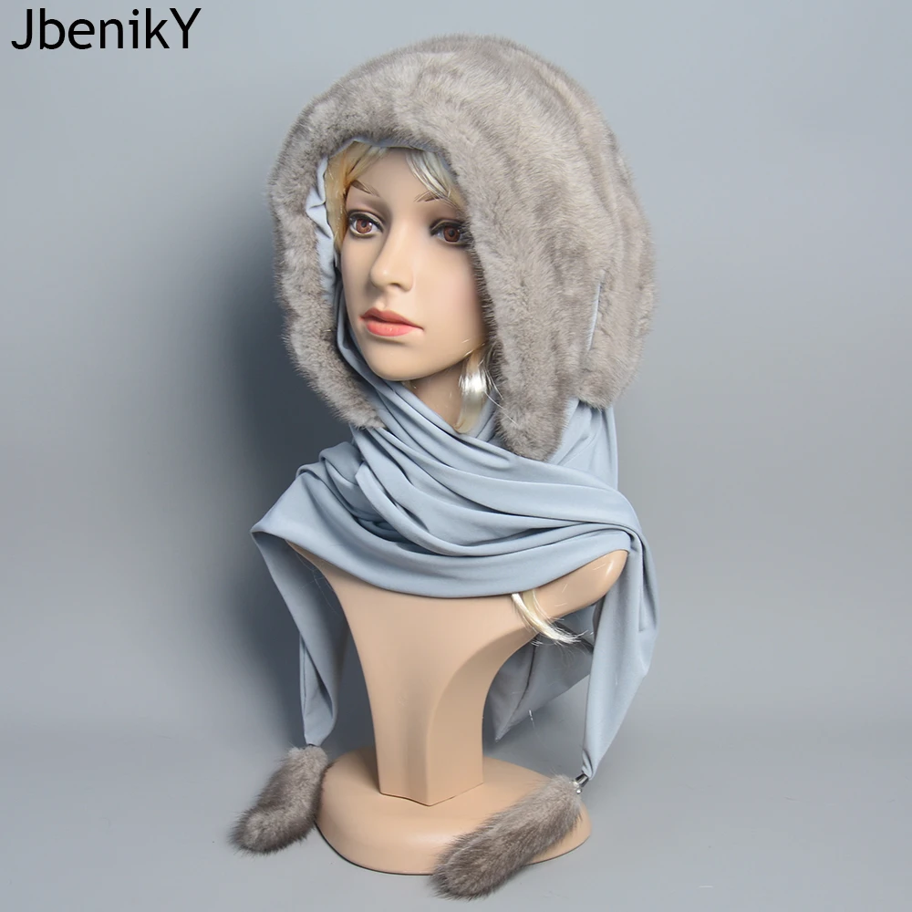 New Muslim Style Stylish Hood Hats for Women Winter Fashionable Luxury Female Warm Real Fur Elegant Tassel Scarf Mink Fur Hat