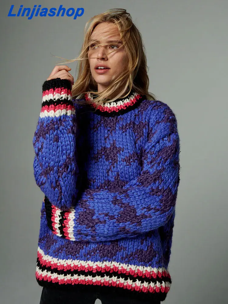 

Женский жаккардовый пуловер ZA, повседневный Свободный Топ с воротником средней высоты, в уличном стиле ретро, Осень-зима