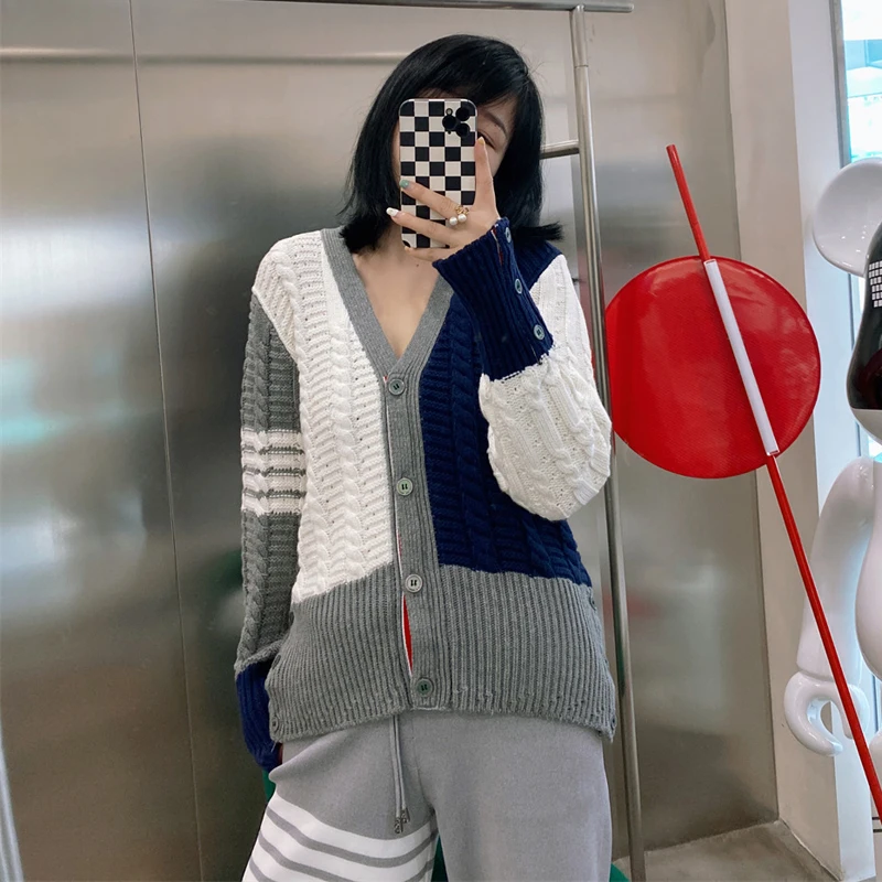 TB early autumn new British style V-neck hollow contrast color stitching knitted cardigan women's sweater jacket top