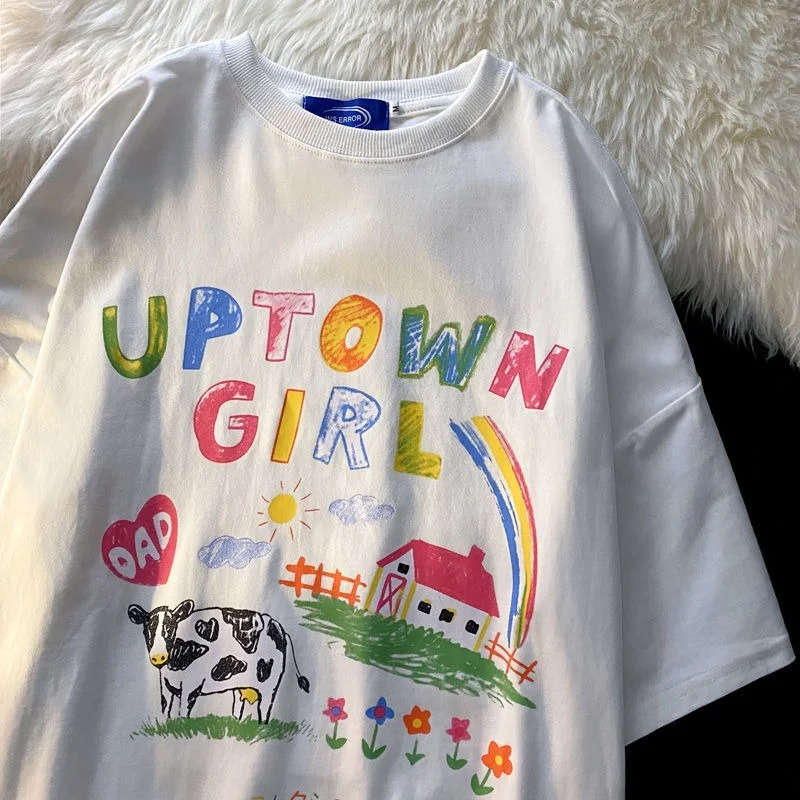 

100% Cotton Colors Sunshine Cows Hand Painted Childlike Graphic T Shirts Kawaii Clothes for Teens Students Summer Large 3XL 2022