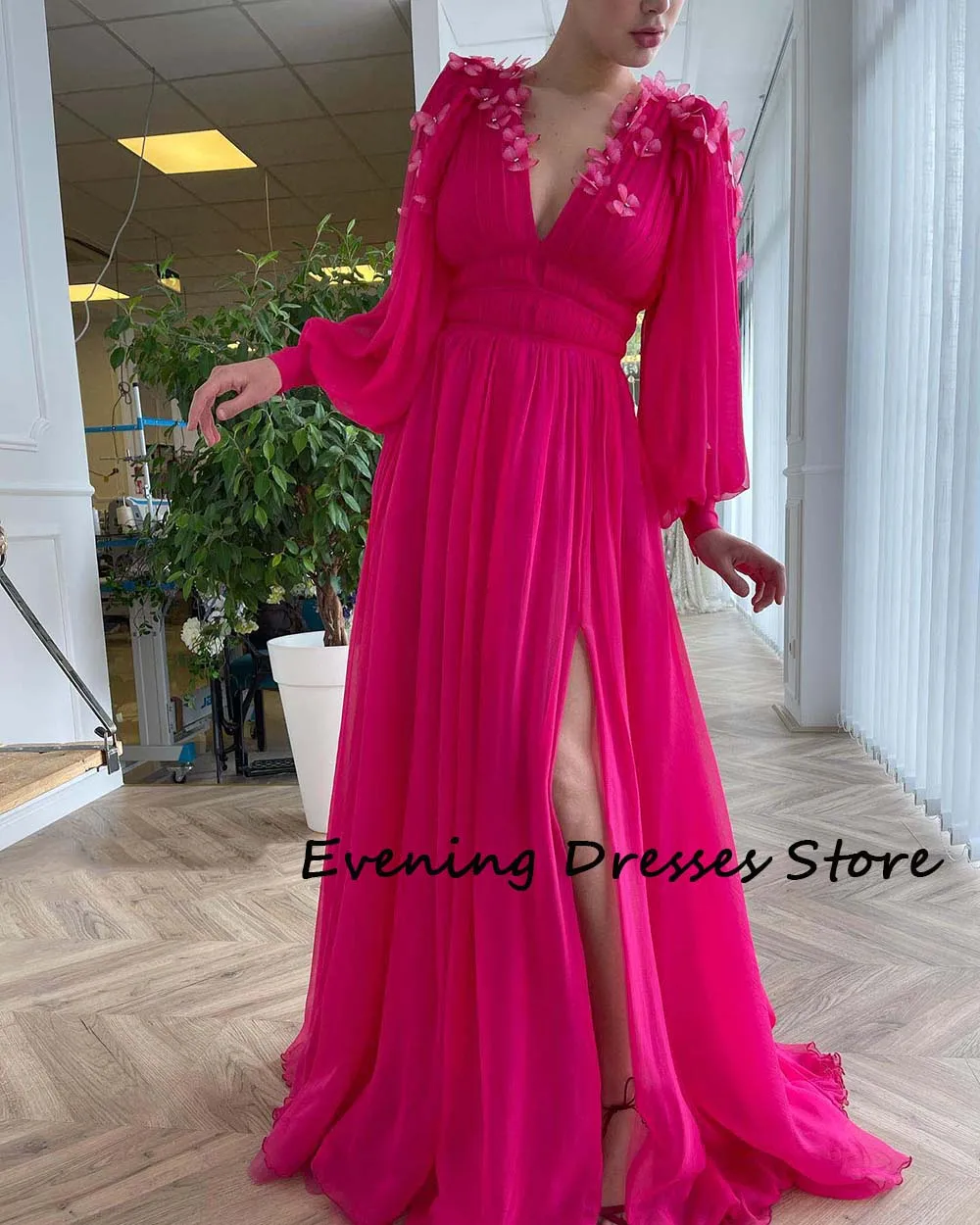 

Puff Sleeves Prom Gowns Occasion Dresses A-Line V-Neck Party Vestidos Women Elegant Chiffon High Split Ruched Evening Dress
