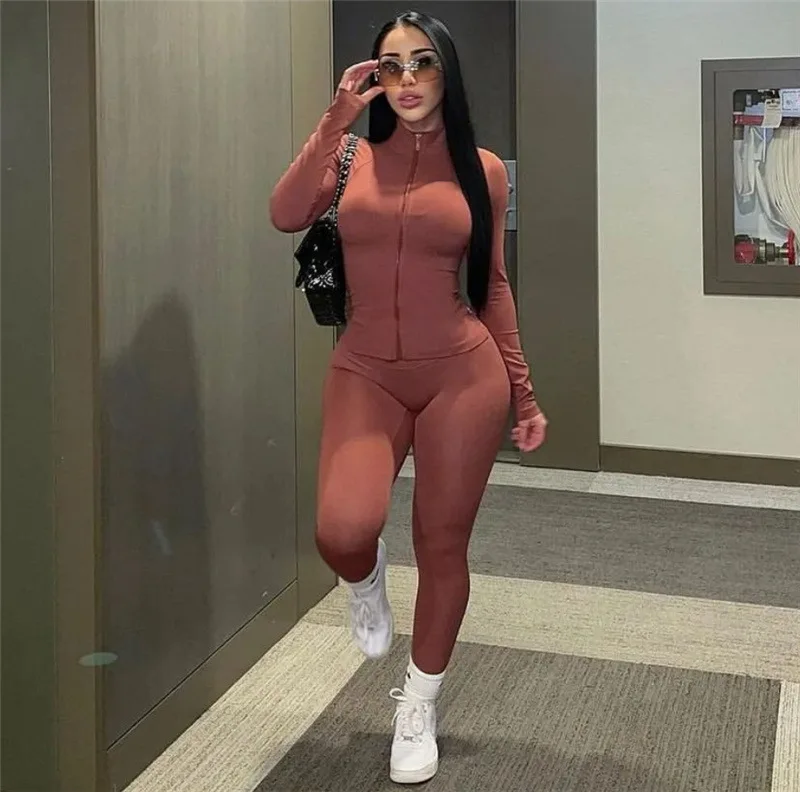 

Solid Casual Autumn Two Piece Set Women Hipster Concise Zip-up Sexy Deep V-neck Top+High Waist Slim Pant Street Suit