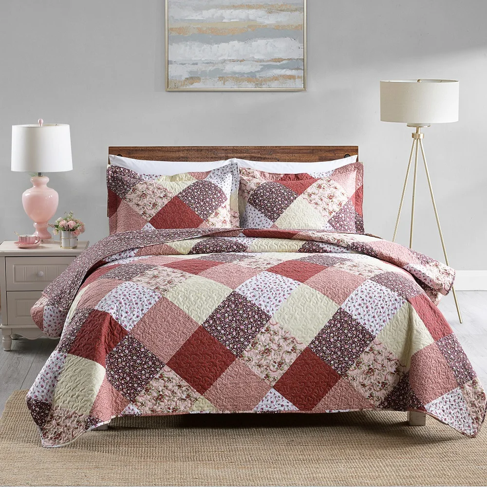 DAYDAY King Queen Size Double Bed 3-Piece Splicing Print Blocks Multi-Style Lightweight Soft Quilt Cover Large Fiber Bedspread