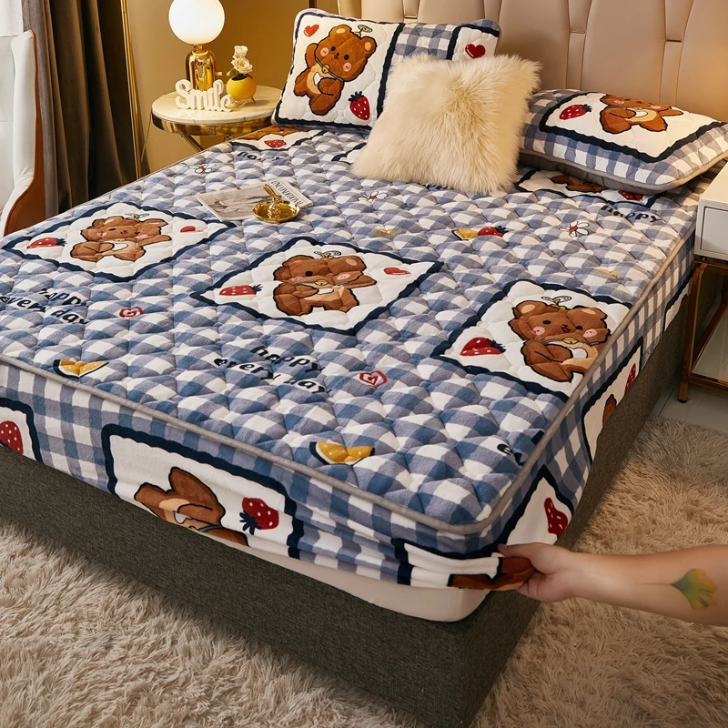 

Mattress Cover Thick Crystal Velvet Bed Sheet, Fit And Warm Quilted Fitted Sheet Elastic Belt Fixed Bedspread Mattress Protector