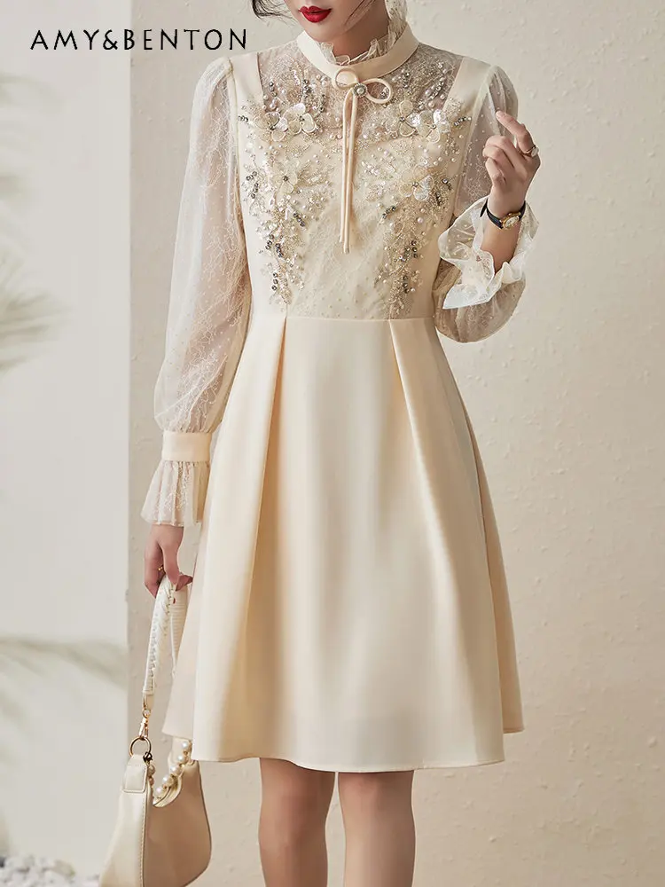 2023 Spring New Women's Clothing Graceful Stand Collar Petals Beaded Embroidery Dress Long Sleeve Western Style Dress