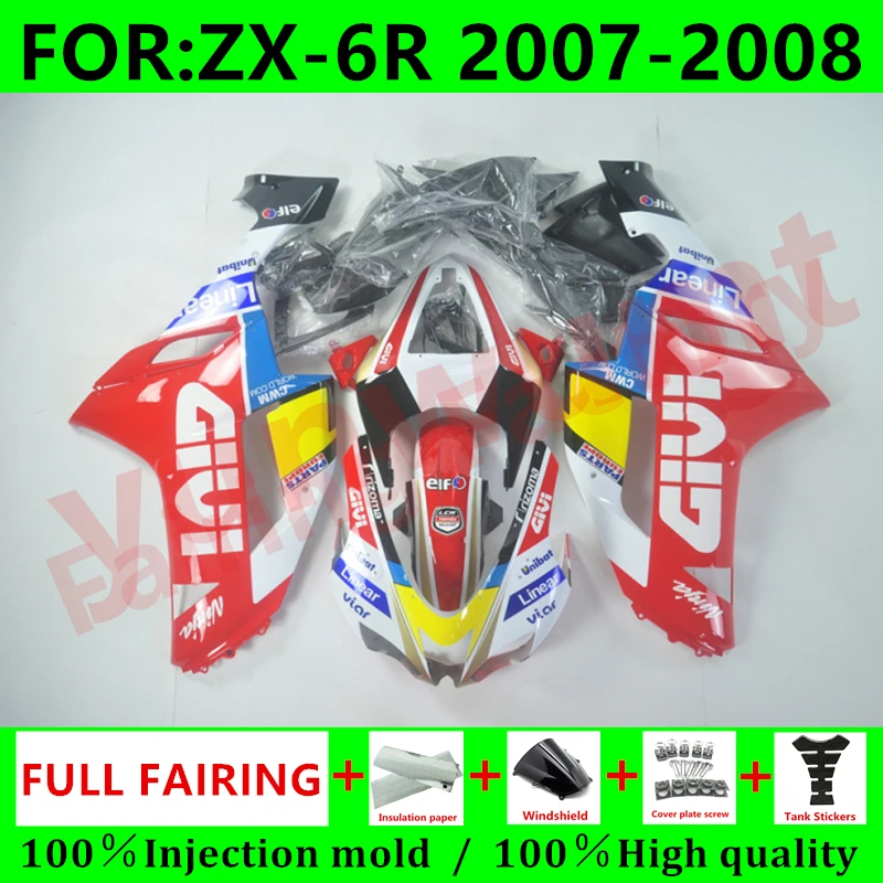 

Комплект обтекателей для мотоцикла, подходит для Ninja ZX-6R 2007 2008 ZX6R zx 6r 636 07 08, полный комплект обтекателей для кузова, красный, белый