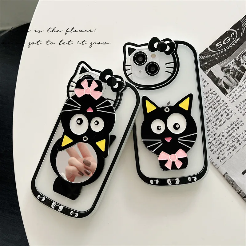 

Creative Cartoon Cute KT Black Cat Makeup Mirror Cover for IPhone 11 12 13 Pro X XR XS Max Shockproof Phone Case IPhone 13 Case