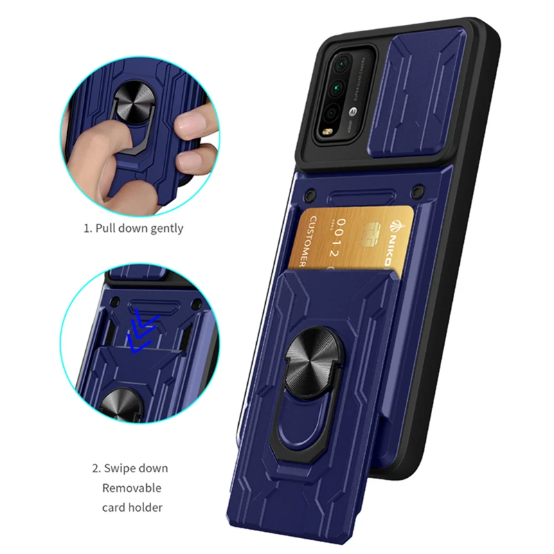 

For Xiaomi Redmi 9T Case Slide Camera Lens Protect Phone Case for Redmi 9T 9 T 6.53" Magnetic Ring Stand Card Slot Armor Cover