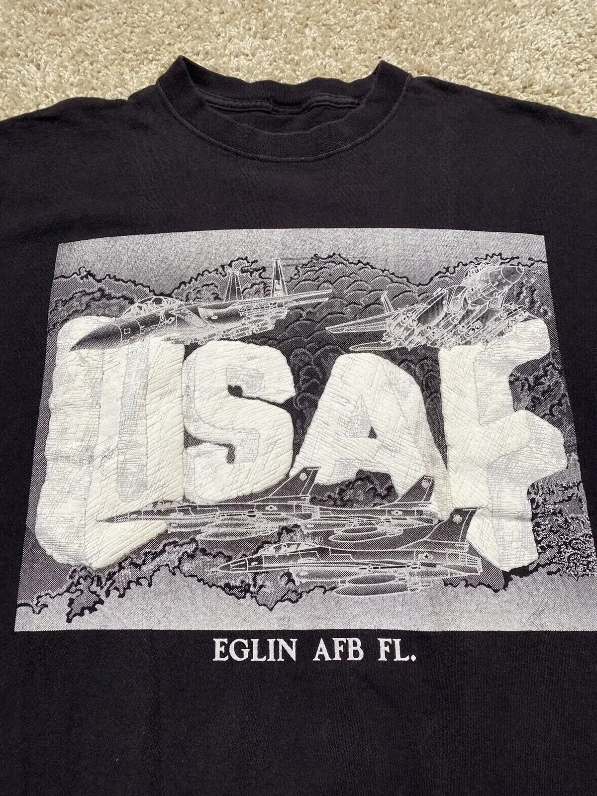 Винтажная Футболка 90-х с графическим принтом USAF Air force eglin Florida пышным выцветающая