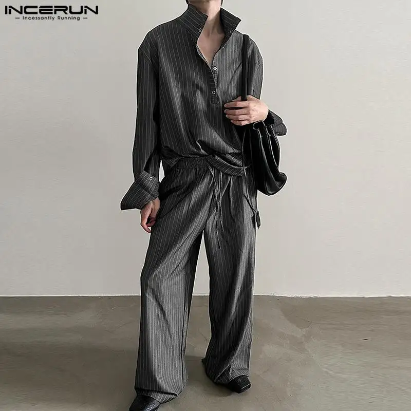 Модные комплекты INCERUN 2024 в Корейском стиле новые мужские рубашки с длинным