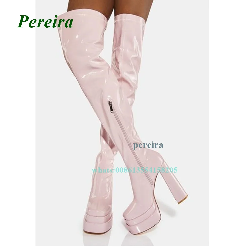 Spring and Autumn New Pink Boots 2022 Square Toe Platform Chunky Heel Boots Women Shoes Over The Knee Side Zip High Heels Sexy