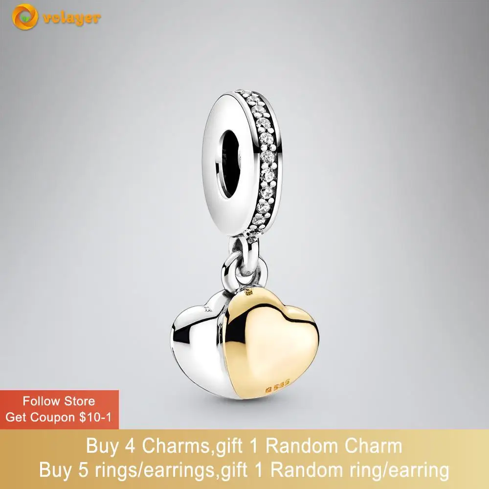

Volayer 925 Sterling Silver Beads Two-tone Double Heart Dangle Charm fit Original Pandora Bracelets Women Jewelry Making Gift