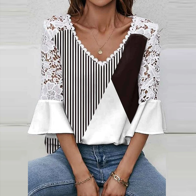 

Casual Streetwear Loose Blouses Retro Geometric Printed Office Commute Shirt Fall Sexy Lace V-neck Patchwork Women Top Pullover