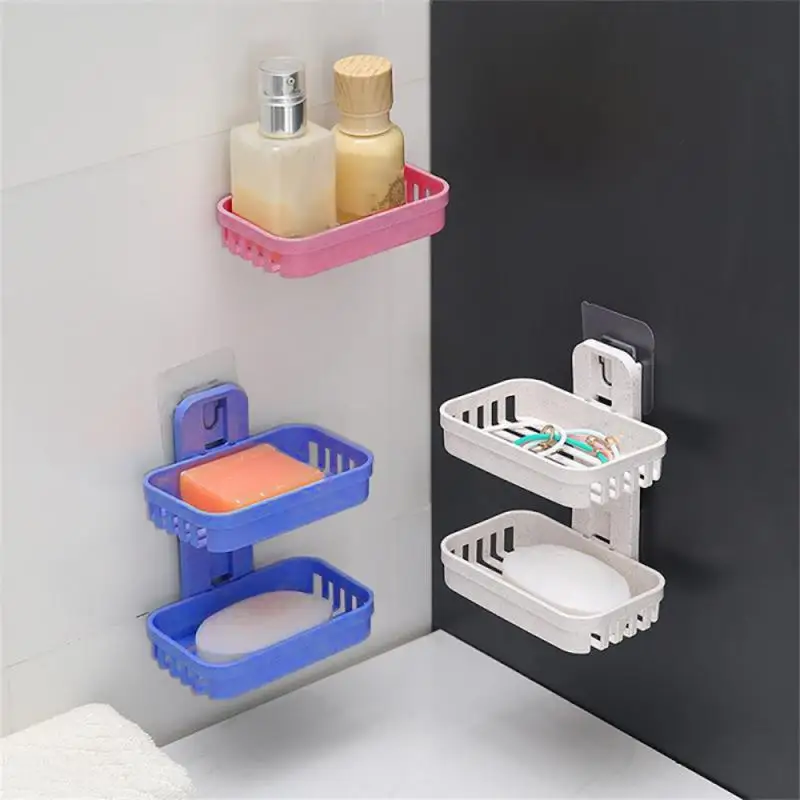 

Wall Mounted Double Layer Soap Dish Punch-Free Drawer Draining Holder Kitchen Sponge Storage Box Bathroom Organizer Rack Shelves