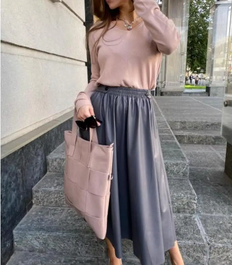 

2023 Autumn and Winter New Ladies Three-dimensional Pu Leather Solid Color Skirt Casual Elastic Waist A Line Long Skirt Women