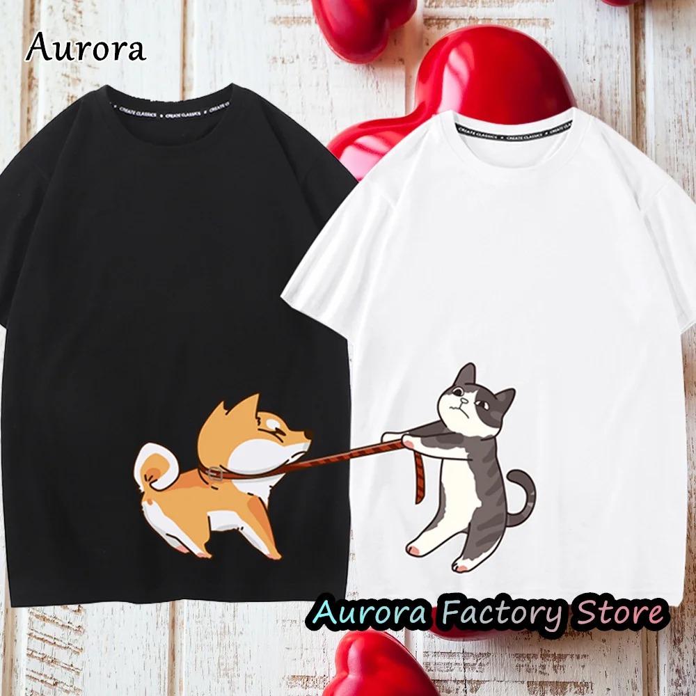 Summer Cotton Lovers T-Shirt Fashion Short Sleeve Harajuku Clothing Cartoon Dog Cat Pattern Tops Tees Couple Casual Streetwear