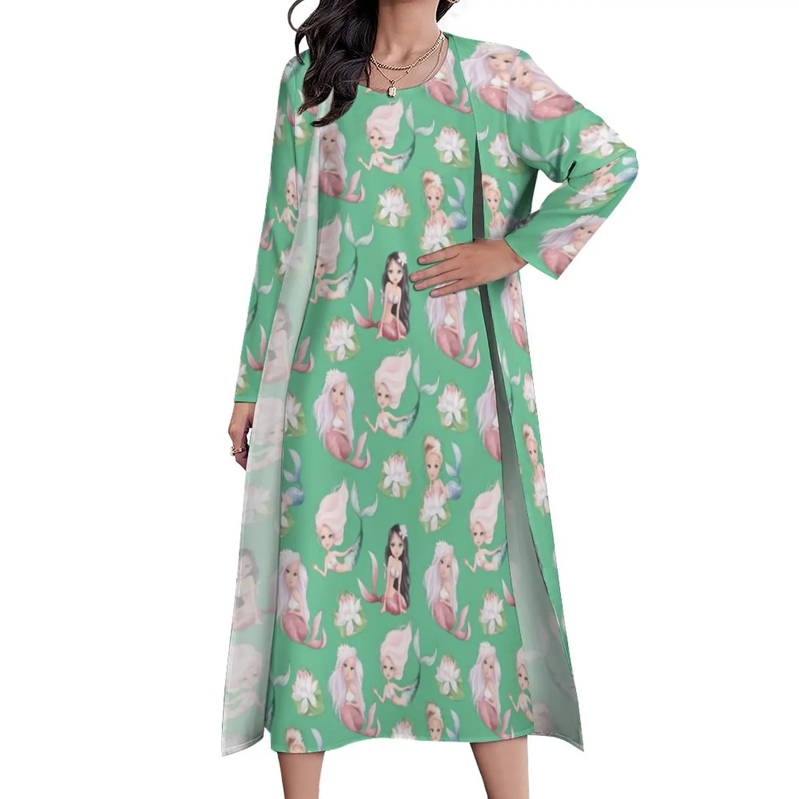 

Adorable Mermaid Dress Floral Print Cute Maxi Dress Street Style Casual Long Dresses Two-Piece Pattern Vestidos Big Size 4XL