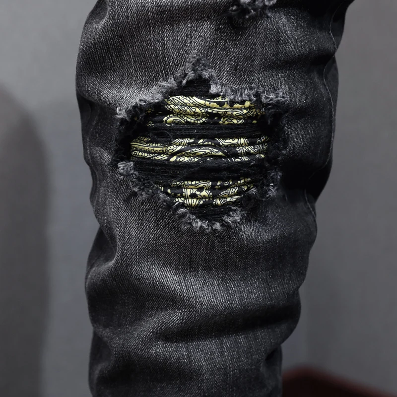 Fashion Streetwear Men Jeans Retro Black Gray Elastic Stretch Skinny Ripped Jeans Men Patched Designer Hip Hop Brand Pants Homme