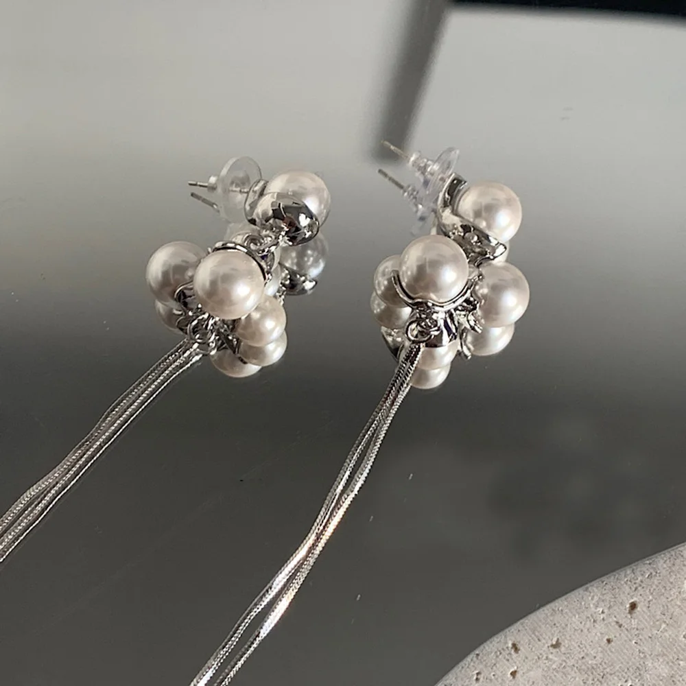 

YOUNGX Light Luxury Pearl Drop Earrings Korean Y2K Silver Color Long Tassel Earring For Women Jewelry Party Gift