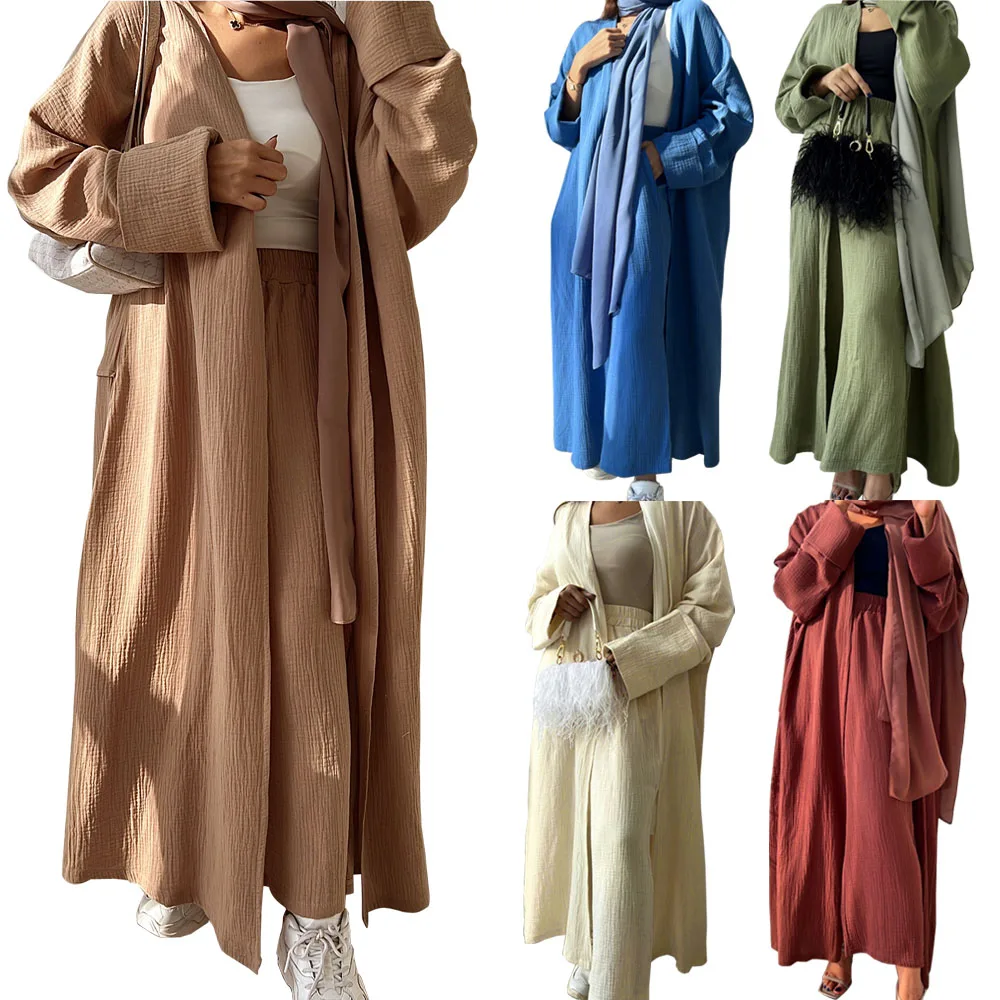 

2023 Open Abaya Muslim Casual 2 Piece Set Maxi Dress Dubai Kaftan Kimono Wide Leg Pant Sets Islamic Ramadan Clothing Middle East