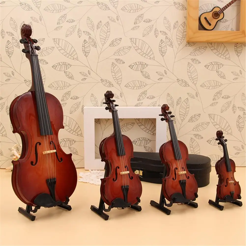Mini Miniature Violin Model Simulation with Bracket and Violin Case Mini Musical Instrument Ornaments Desk Decor Wood + Plastic