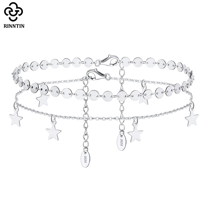 

Rinntin 925 Silver Layered Plated Beads Star Cross Chain Anklets for Women Summer Foot Tennis Chain Fashion Ankle Jewelry SSA01