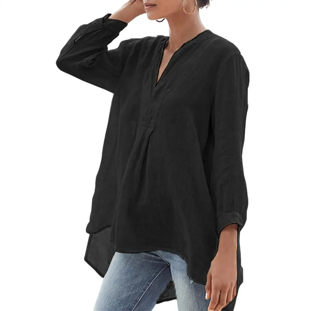 

Casual Women Shirt Blouses Top 2023 V Neck Fine Sewing Craft Skin-touch Flax Three-quarter Sleeve Shirt Ladies Clothing Blusas