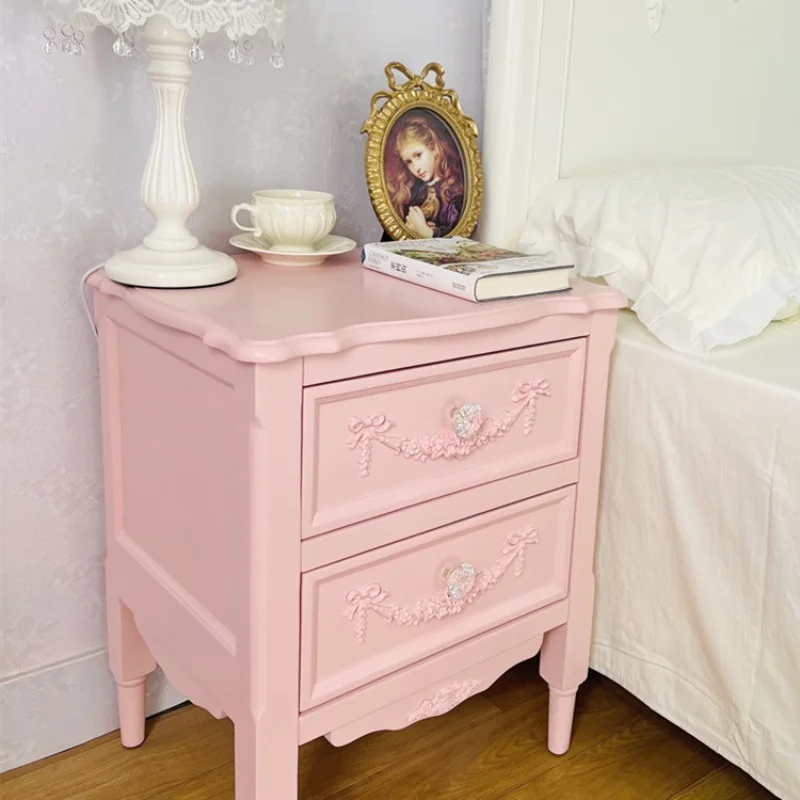 

French carved pink princess style solid wood bedside table drawer chest Korean style girly heart bedroom storage cabinet bedside