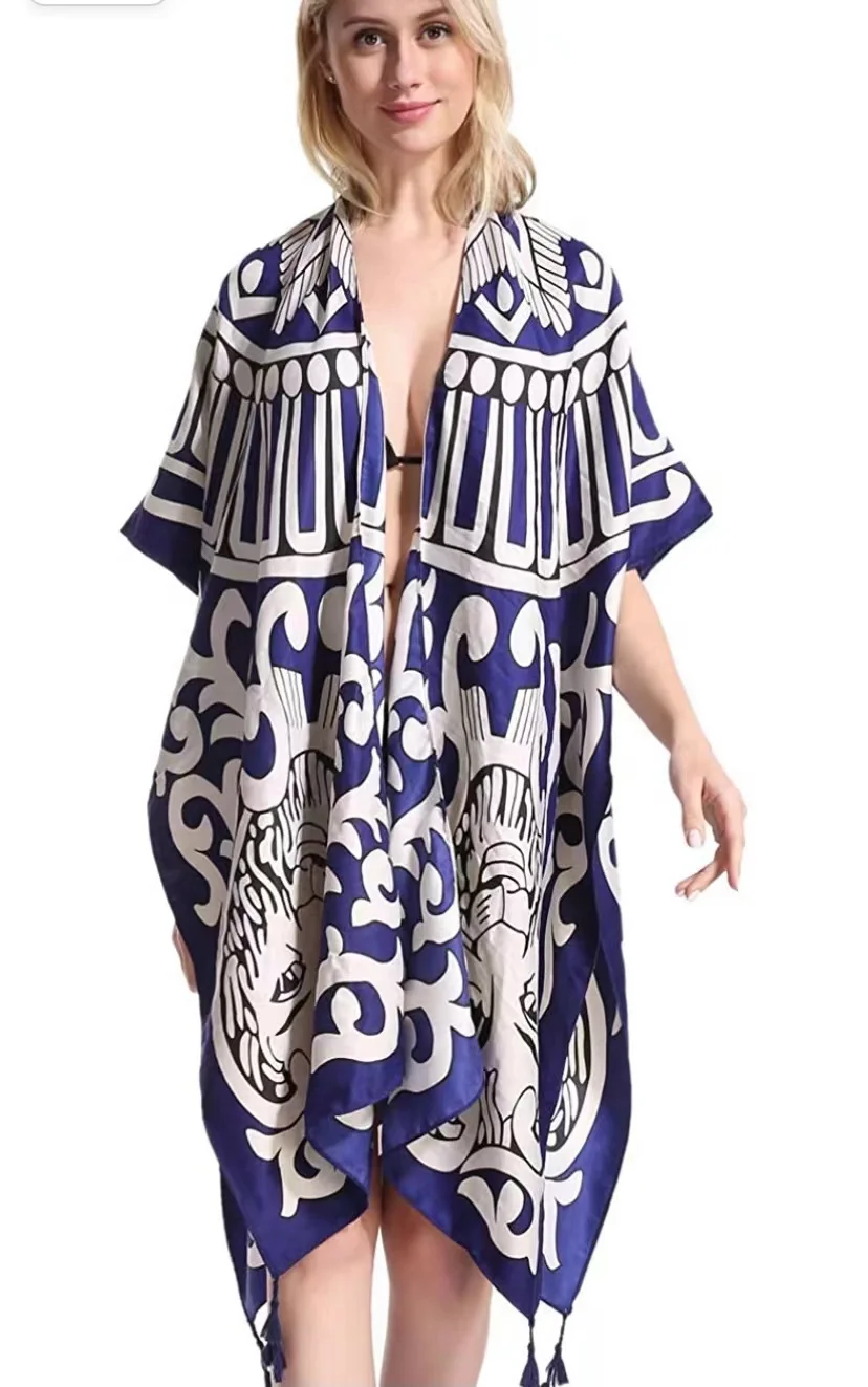 

2022 New Cotton Bikini Sweet Lady Pink Boho Print Self Belted Front Open Long Kimono Dress Beach Tunic Women Wrap Dresses