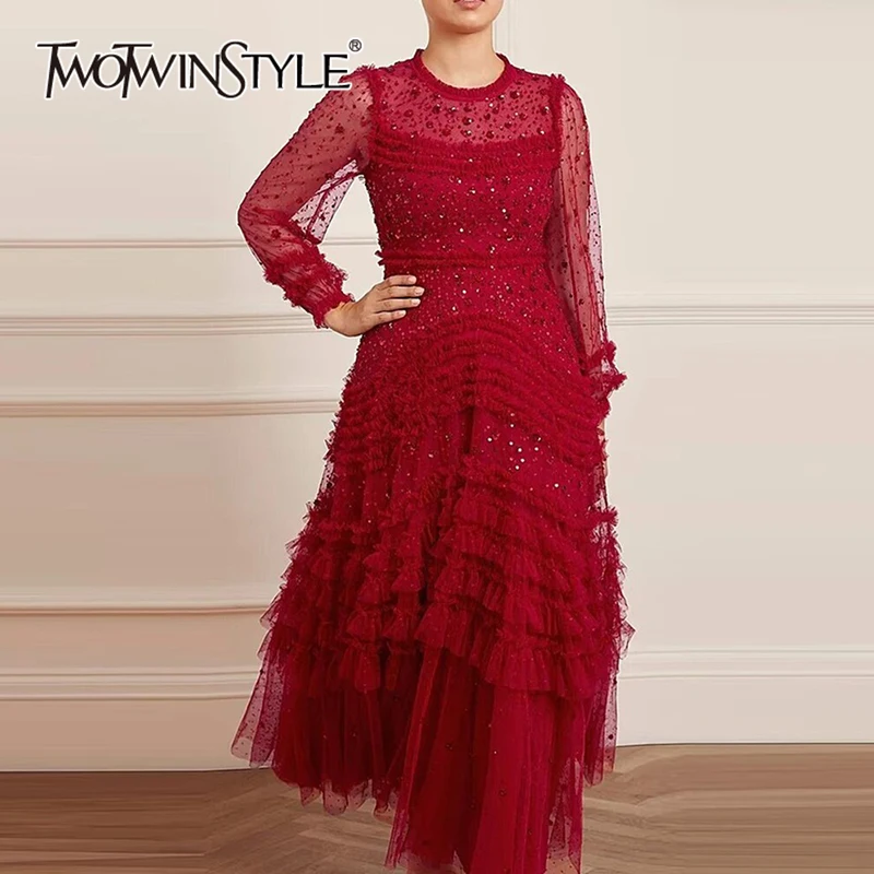 Женское платье с блестками TWOTWINSTYLE белое элегантное Сетчатое составного кроя