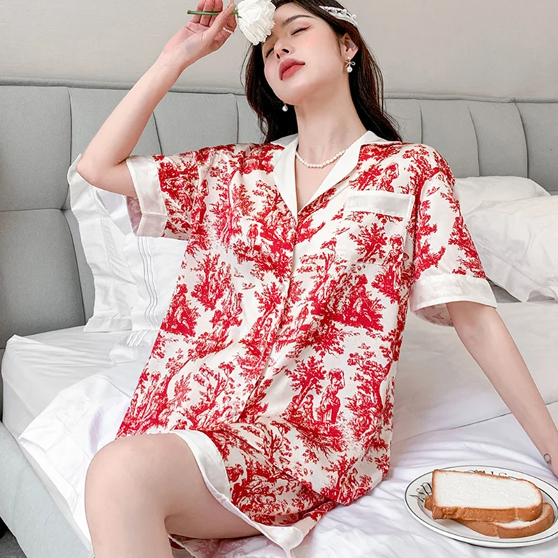 Ice Silk Pajamas Female Summer Satin Short Sleeve Shorts New Thin Home Clothes Set Outside Wear Living Clothes Free Shipping