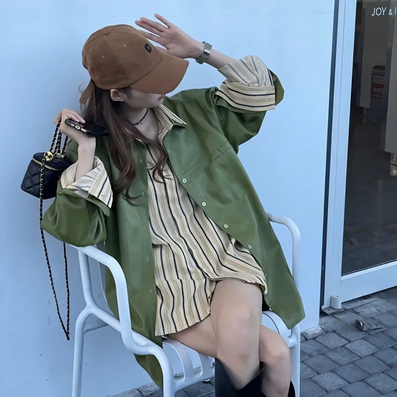 Куртка женская кожаная свободного покроя универсальная нишевая зеленая куртка с