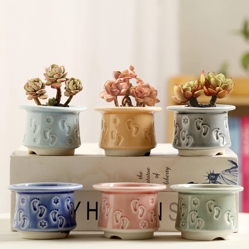 Mini Ice Crackle Ceramic Flowerpot Succulent Cactus Plants Minimalist Bonsai Pot Home Garden Breathable Succulent Plant Pot