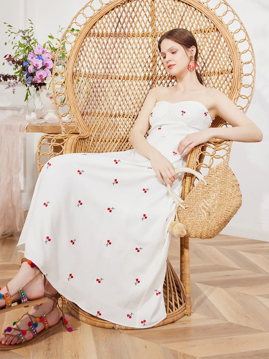 Cherry Embroidery Bra Strap Long Dress Spring/Summer Thin Shoulder Strap Dress