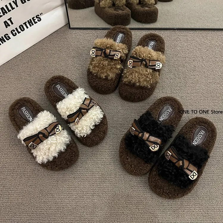 Обувь Женские тапочки на платформе из флока с мехом Шлепанцы средним носком