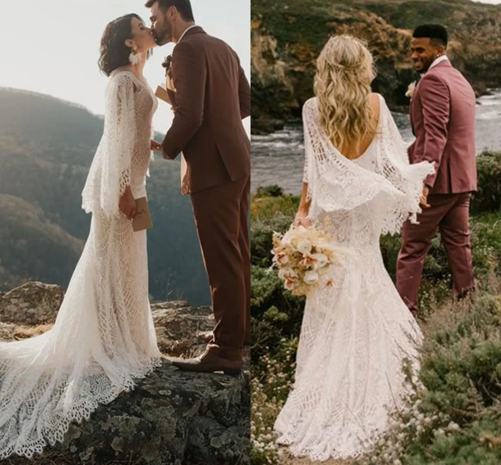 Flare Long Sleeve Bohemian Wedding Dresses 2022 V-neck Crochet Cotton Lace Hippie Beach Country Mermaid Bridal Dress Gown
