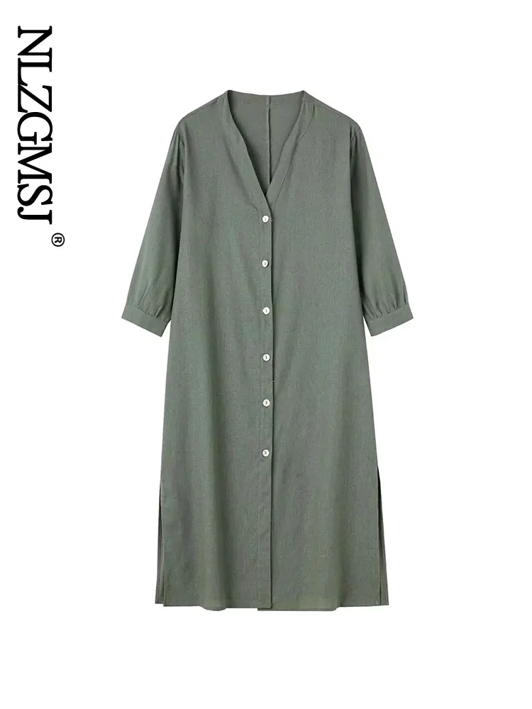 

Nlzgmsj 2022 Women Spring Autumn Fashion Buttoned Cotton Midi Dress Female Vintage Long Sleeve Side Vents Dresses 202206