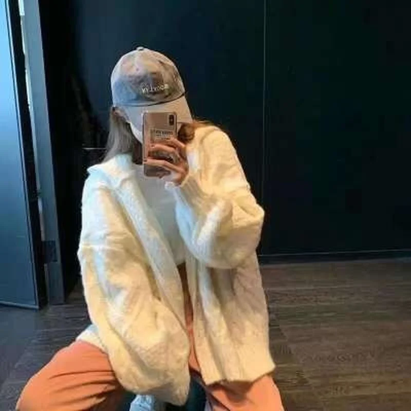 

2021 New Autumn and Winter Lazy Lantern Sleeve Long Zipper Hooded Sweater Thick Line Pink Loose Sweater Coat Knit Cardigan