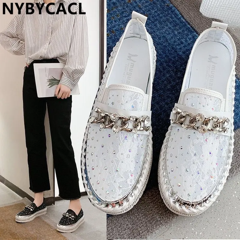 Luxury Diamonds Round Toe Summer Mesh Breathable Flats Crystals Chain Shoes Women Couple Platform Fashion Loafers Plus Size 43