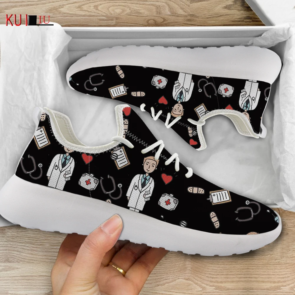 

KUILIU New Cartoon Doctor Print Women Men Platform Vulcanized Shoes Medical Graphic Nursing Breathable Mesh Knitting Sneakers