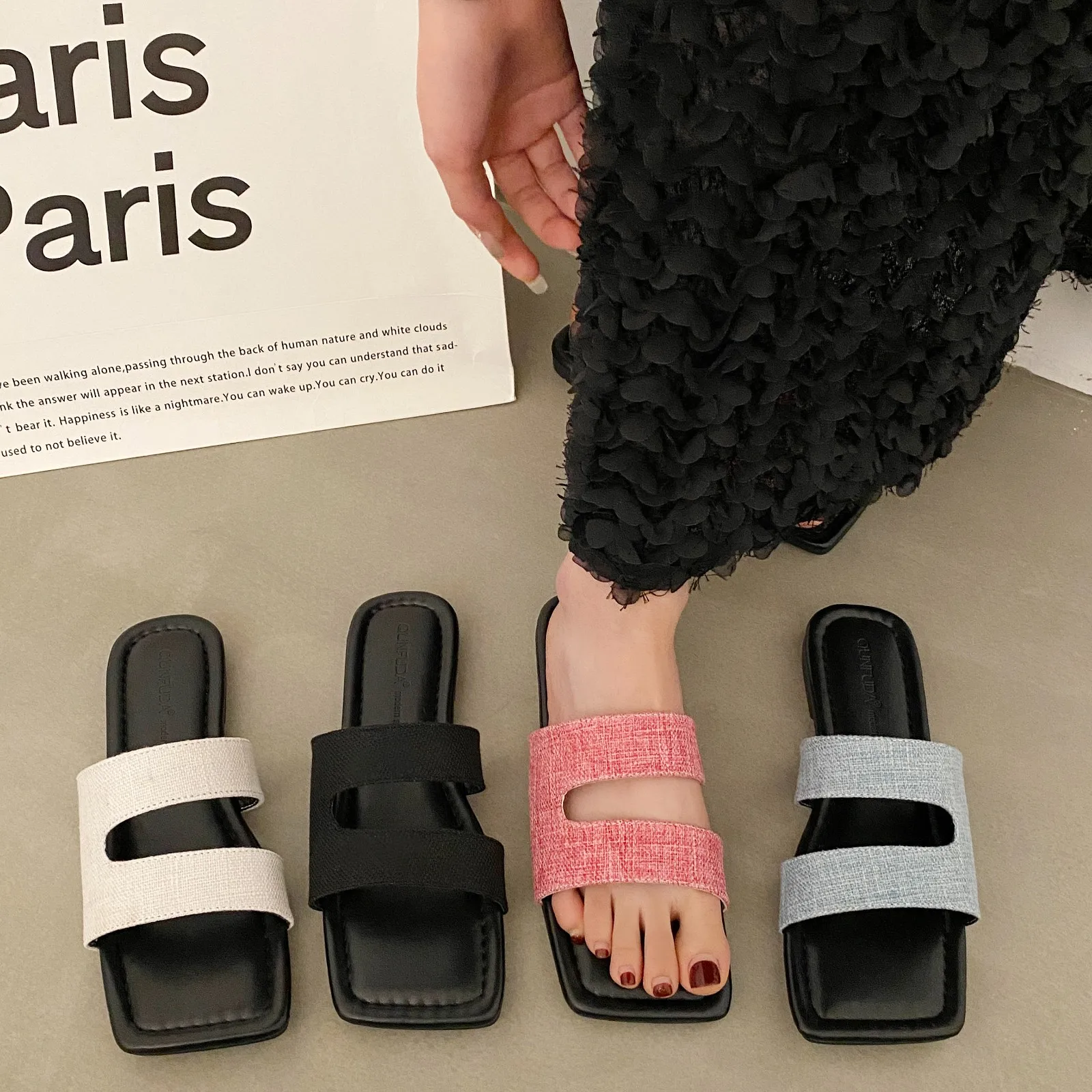 

2023 One line Slippers Women's Summer Outwear Flat Bottom Temperament Fairy Style Fake Slippers Sandals