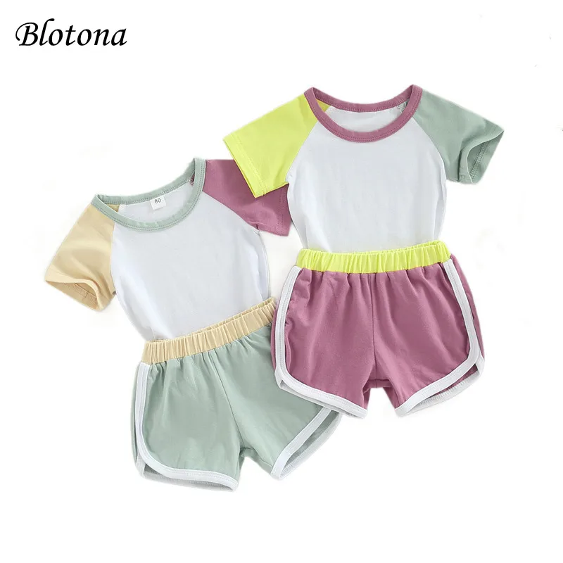 

Костюм из двух предметов для мальчиков и девочек Blotona, Лоскутная футболка с круглым вырезом и шорты с эластичным поясом на лето, 0-3 года
