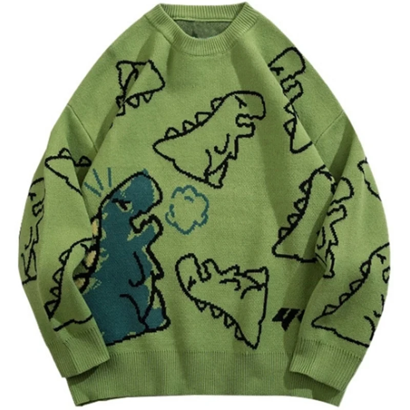 Sweater Men Harajuku Fashion Knitted Hip Hop Streetwear Dinosaur Cartoon Pullover Oversize Casual Couple O-Neck Vintage Sweaters