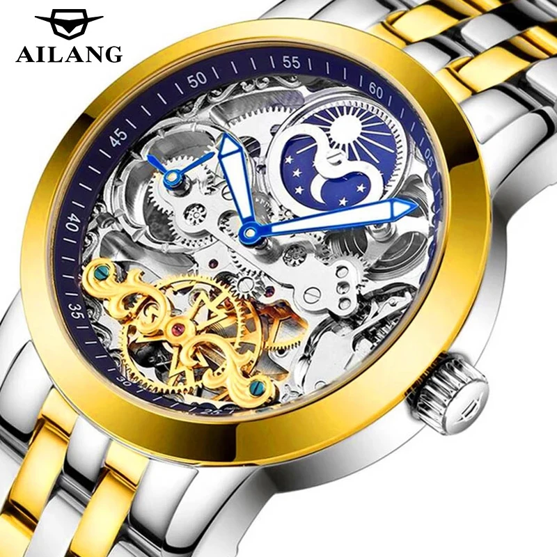 AILANG Luxury Men Skeleton Mechanical Waterproof Stainless Steel Wristwatches Automatic Watch New Men's Personality Clock 6812G