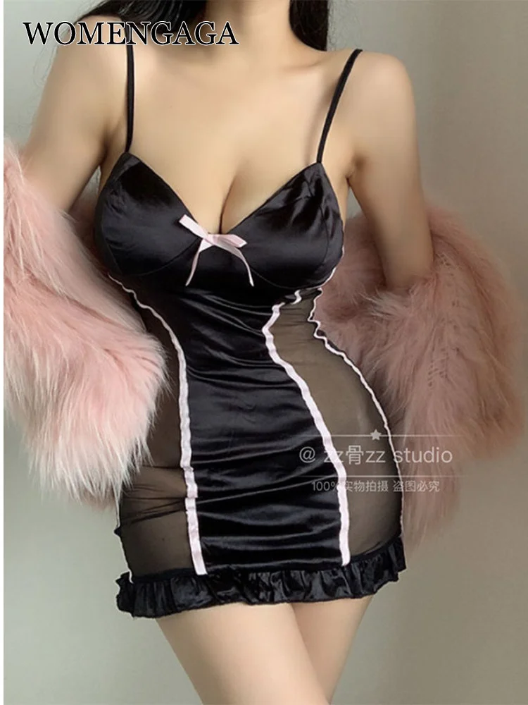 

Сексуальное Сетчатое женское кружевное комбинированное Прозрачное платье с бантом и V-образным вырезом для девушек осеннее рождественское...