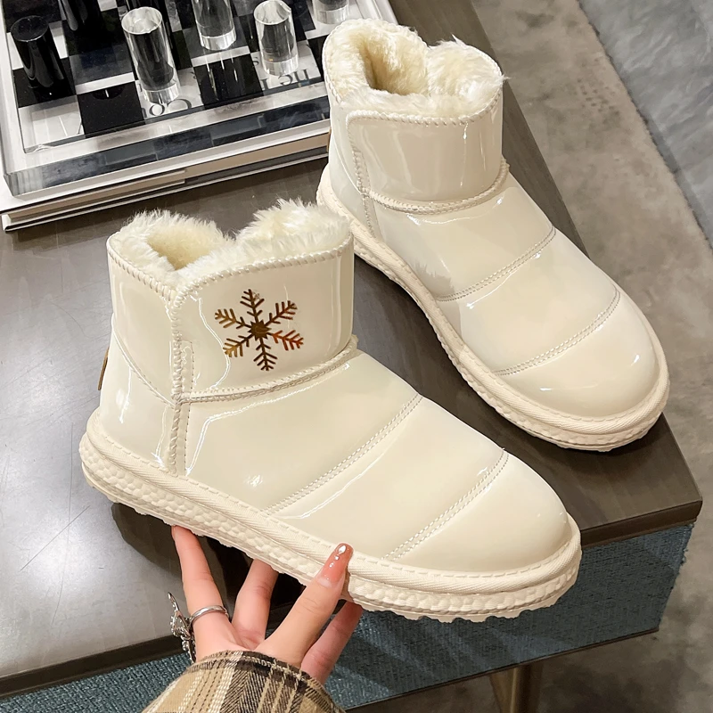 2023 White Winter Fluffy Fur Snow Boots Women Waterproof Patent Leather Warm Thick Plush Snow Shoes Flat Cute Snowflake Booties