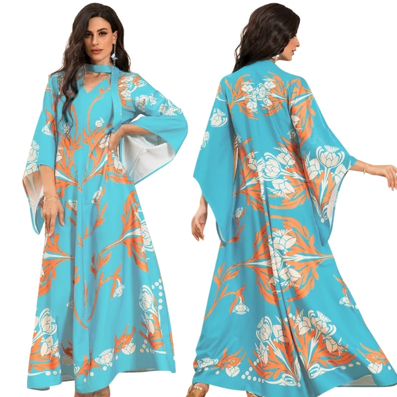 Eid Ramadan Muslim Print Dress Abaya for Women Eid Flare Sleeve Prayer Jilbab African Dresses Islamic Dubai Modest Abayas 2023
